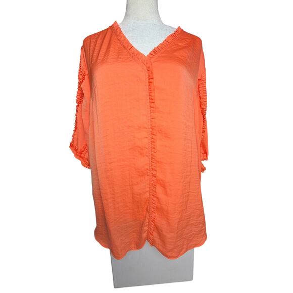 Chico’s Orange V-Neck Button-Up Top 3/4 Sleeve Ruffle Trim Blouse Women’s L - Picture 1 of 8